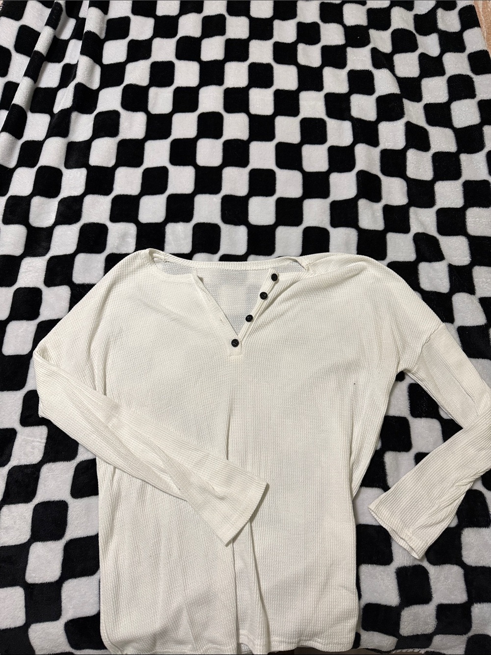 Classic Waffle Henley Long Sleeve Top - Ivory